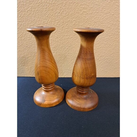 Vintage Hand-Turned Wooden Candlestick Holders - Picture 6 of 7